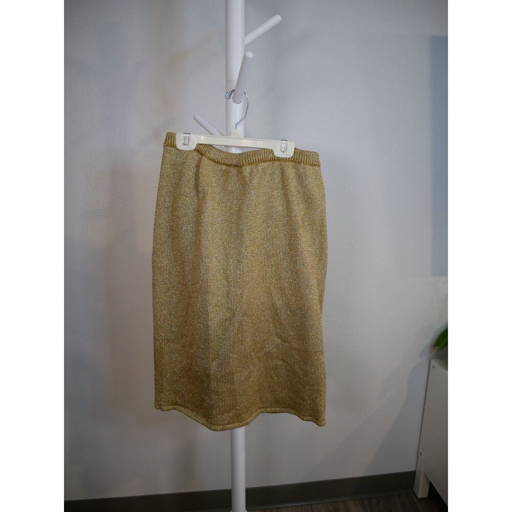 Adrienne Vittadini Vintage Gold Metallic Knit Skirt Rayon Wool Blend Pencil